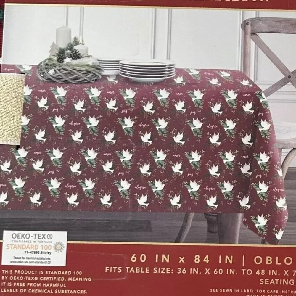 NEW Envogue Holiday Collection Tablecloth Napkins Christmas Dove 60 x 84 Oblong